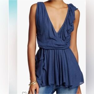 Free People Float Away Navy Blue Ruffle Crossover Wrap Tank Top